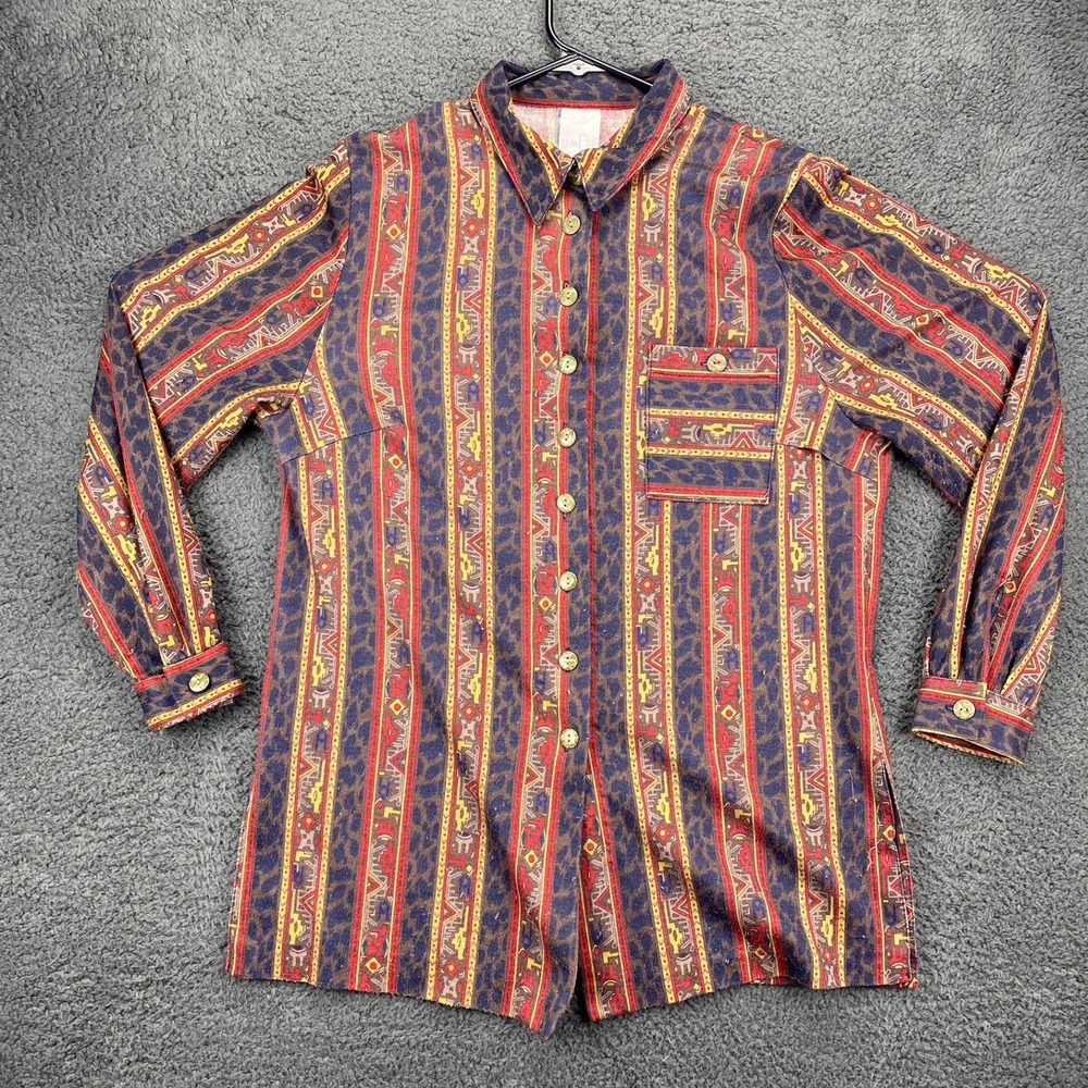 Vintage Striped Button‎ Up Shirt Aztec Print Long Sleeve Wool Blend Size L